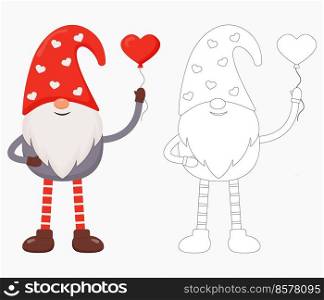Cute Valentine gnome with a red heart-shaped balloon. Flat vector illustration for St. Valentine’s Day gift, card, print, decoration. Gnome in color and outline. Cute Valentine gnome with a red heart-shaped balloon. Flat vector illustration for St. Valentine’s Day gift, card, print, decoration. Gnome in color and outline.