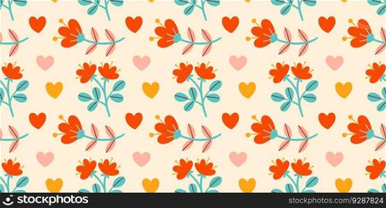 Cute Valentines day seamless pattern. Flowers, hearts. Vector illustrations for valentines day, stickers, greeting cards, etc.