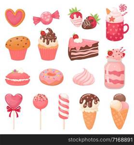 Cute Valentines sweets. Heart lollipop, sweet ice cream and strawberry cake. Candy cartoon vector illustration set. Collection of pink romantic desserts and confections - cupcakes, macarons, candies.. Cute Valentines sweets. Heart lollipop, sweet ice cream and strawberry cake. Candy cartoon vector illustration set
