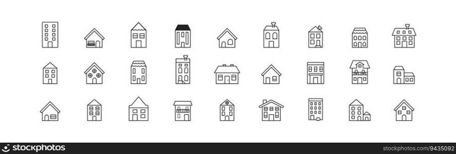 Cute various houses icon set. Concept of building, home. Urban exterior. Property symbol. Vector illustration.