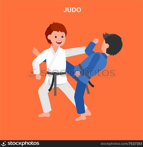 Cute vector character child. Illustration for martial art judo poster. Kid wearing kimono and training judo. Vector fun child. Illustration of Kid and Sport. Child take judo fighting pose. Cartoon kid wearing kimono, martial art