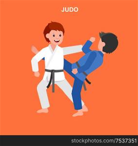 Cute vector character child. Illustration for martial art judo poster. Kid wearing kimono and training judo. Vector fun child. Illustration of Kid and Sport. Child take judo fighting pose. Cartoon kid wearing kimono, martial art