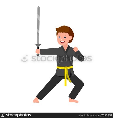 Cute vector character child. Illustration for martial art kung fu poster. Kid wearing kimono and training kung fu. Vector fun child. Illustration of Kid and Sport. Child take kung fu fighting pose. Cartoon kid wearing kimono, martial art