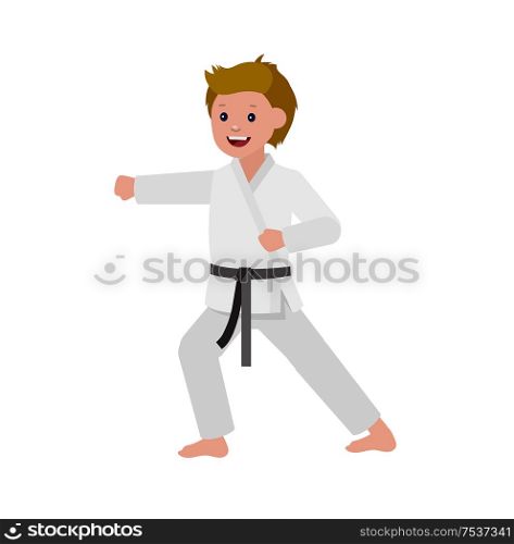 Cute vector character child. Illustration for martial art poster. Kid wearing kimono and karate training. Cartoon kid wearing kimono, martial art