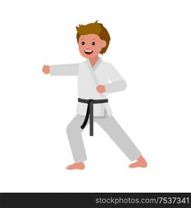 Cute vector character child. Illustration for martial art poster. Kid wearing kimono and karate training. Cartoon kid wearing kimono, martial art