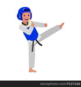 Cute vector character child. Illustration for martial art poster. Kid wearing kimono and taekwondo training. Cartoon kid wearing kimono, martial art