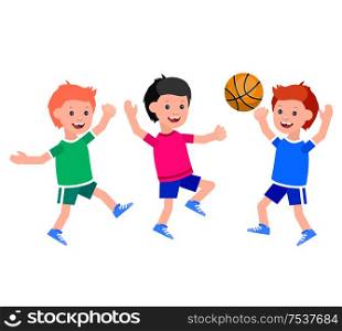 Cute vector character child playing basketball, child runs. Cheerful child. Happy boy kid illustration. Detailed character child. Happy boy kid illustration. Detailed character child. childrens day, child