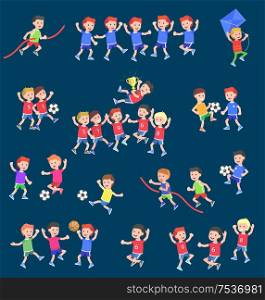 Cute vector character child playing football, basketball, with a kite, runs. Cheerful Happy boy kid illustration. Cute vector character child playing football, basketball