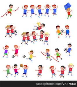 Cute vector character child playing football, basketball, with a kite, runs. Cheerful Happy boy kid illustration. Cute vector character child playing football, basketball