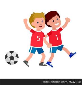 Cute vector character child playing football. Cheerful child. Happy boy kid illustration. Detailed character child. Vector for Celebration children day, fun child.. childrens day, child