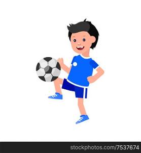 Cute vector character child playing football. Cheerful kid illustration. childrens day, child