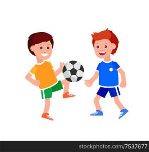 Cute vector character child playing football. Cheerful kid illustration. childrens day, child