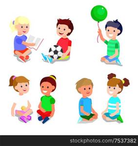 Cute vector character child playing with ball, read book . Cheerful child. Happy kid illustration. Detailed character child. Vector for Celebration children day, fun child.. childrens day, child