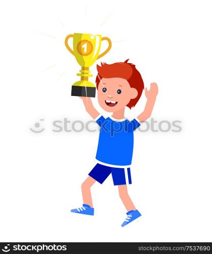 Cute vector character kid wins a golden cup, kid happy winning celebration. Cheerful child. Happy boy kid illustration. Detailed character child. Vector for fun child.. childrens day, child