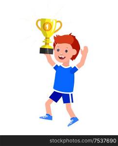 Cute vector character kid wins a golden cup, kid happy winning celebration. Cheerful child. Happy boy kid illustration. Detailed character child. Vector for fun child.. childrens day, child