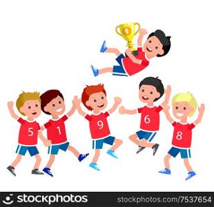 Cute vector character kids sports team wins a golden cup, kids happy winning celebration. Cheerful child. Happy boy kid illustration. Detailed character child. Vector for fun child.. childrens day, child