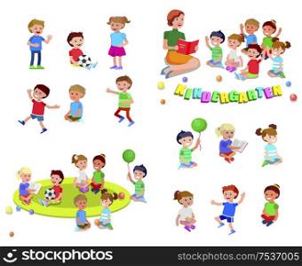 Cute vector child playing with ball, read book . Cheerful, happy kid illustration. Detailed character. Vector for Celebration children day, fun. Vector for Celebration children day, fun child.
