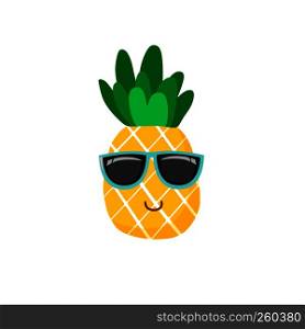 Cute vector illustration of pineapple with glasses. Fruite icon, symbol isolated on white background. cute pineapple icon symbol vector, illustration