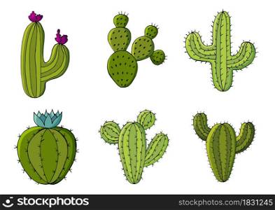 Cute vector illustration. Set of cartoon images of cacti. Cacti, aloe, succulents in a creative collection. Print pin, badge. Decorative natural elements are isolated on white. Cute vector illustration. Cartoon images of cactus. Cacti, aloe, succulents. Decorative natural elements