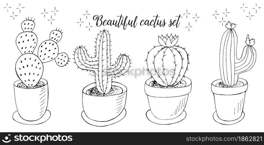 Cute vector illustration. Set of cartoon images of cacti in flower pots. Cacti, aloe, succulents in a creative collection. Print pin. Decorative monochrome elements are isolated on white. Set of cartoon images of cacti. Cacti, aloe, succulents. Collection Decorative natural elements