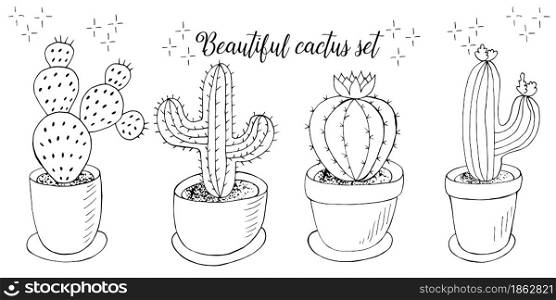 Cute vector illustration. Set of cartoon images of cacti in flower pots. Cacti, aloe, succulents in a creative collection. Print pin. Decorative monochrome elements are isolated on white. Set of cartoon images of cacti. Cacti, aloe, succulents. Collection Decorative natural elements