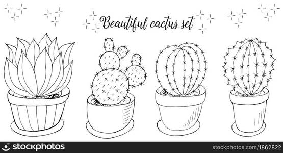 Cute vector illustration. Set of cartoon images of cacti in flower pots. Cacti, aloe, succulents. Collection Decorative monochrome elements are isolated on white. Set of cartoon images of cacti. Cacti, aloe, succulents. Collection Decorative natural elements