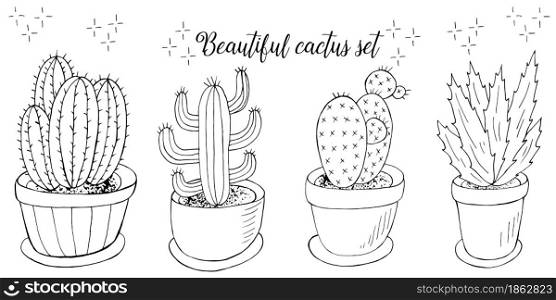 Cute vector illustration. Set of cartoon images of cacti in flower pots. Cacti, aloe, succulents. Creative collection. Decorative monochrome elements are isolated on white. Set of cartoon images of cacti. Cacti, aloe, succulents. Collection Decorative natural elements