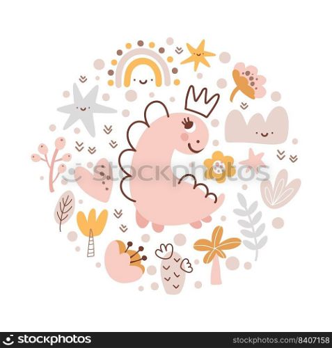 Cute vector kids composition Dino Girl Greeting card landscape with dinosaur, rainbow, palm, plants, flowers and stars. Cartoon Princess baby Scandinavian illustration. For children party.. Cute vector kids composition Dino Girl Greeting card landscape with dinosaur, rainbow, palm, plants, flowers and stars. Cartoon Princess baby Scandinavian illustration. For children party