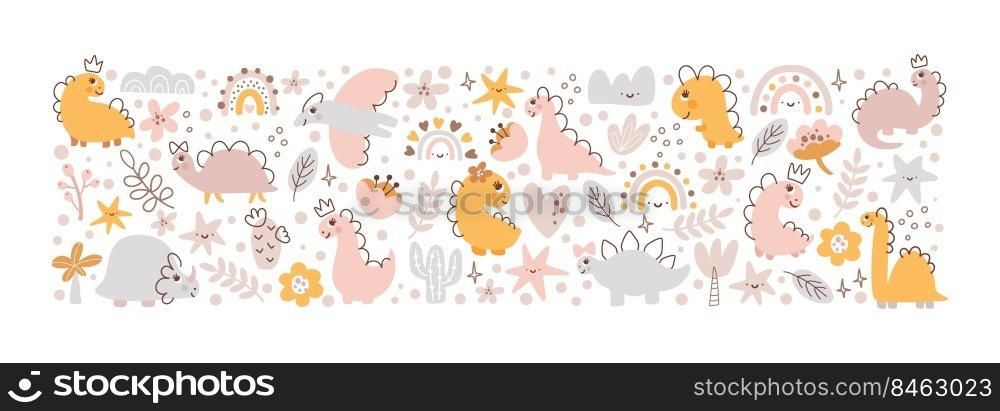 Cute vector kids composition Dino Girl Greeting card landscape with dinosaur, rainbow, heart, palm, plants, flowers and stars. Cartoon Princess baby Scandinavian illustration. For children party.. Cute vector kids composition Dino Girl Greeting card landscape with dinosaur, rainbow, heart, palm, plants, flowers and stars. Cartoon Princess baby Scandinavian illustration. For children party