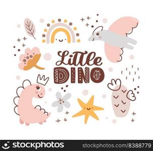 Cute vector kids Greeting card with dinosaur and baby text Little Dino. And cactus, flower, rainbow. Cartoon dino girl Scandinavian style illustration. For children party.. Cute vector kids Greeting card with dinosaur and baby text Little Dino. And cactus, flower, rainbow. Cartoon dino girl Scandinavian style illustration. For children party