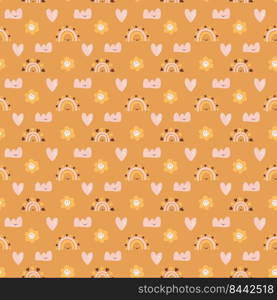 Cute vector kids seamless pattern baby girl with hand drawn rainbow, flower and heart on brown background. Creative childish illustration for fabric, textile.. Cute vector kids seamless pattern baby girl with hand drawn rainbow, flower and heart on brown background. Creative childish illustration for fabric, textile