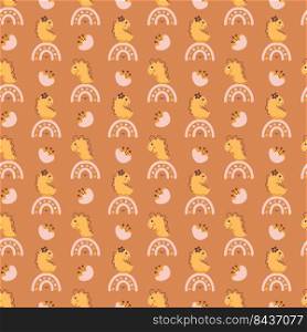Cute vector kids seamless pattern with hand drawn girl dino, flower and rainbow on brown background. Creative childish illustration for fabric, textile.. Cute vector kids seamless pattern with hand drawn girl dino, flower and rainbow on brown background. Creative childish illustration for fabric, textile