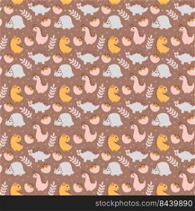 Cute vector kids seamless pattern with hand drawn girl dino, flower and branch on brown background. Creative childish illustration for fabric, textile.. Cute vector kids seamless pattern with hand drawn girl dino, flower and branch on brown background. Creative childish illustration for fabric, textile