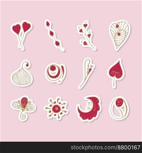 Cute vector love stickers for daily plan≠r and diary. Romantic Viva Ma≥nta color dood≤vector icons. Col≤ction of scrapbooking design e≤ments for Va≤nti≠s Day. 