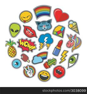 Cute vector patches icons in circle design. Cute vector patches icons in circle design. Unicorn and alien, pineapple and thunderstorm illustration