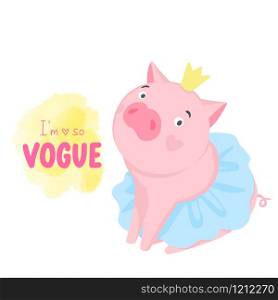 Cute vector pig. Cartoon illustration with funny animal. Hand drawn lettering. Humor card, t-shirt print. Summer design. Happy princess piggy.. Cute vector pig. Cartoon illustration with funny animal.