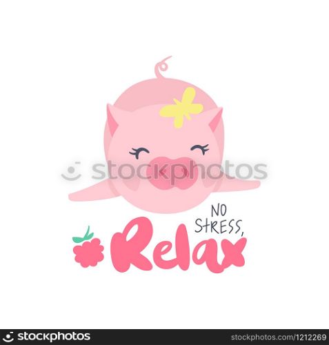 Cute vector pig. Cartoon illustration with funny animal. No stress, relax - hand drawn lettering phrase. Humor card, t-shirt print. Summer design. Happy piggy.. Cute vector pig. Cartoon illustration with funny animal.