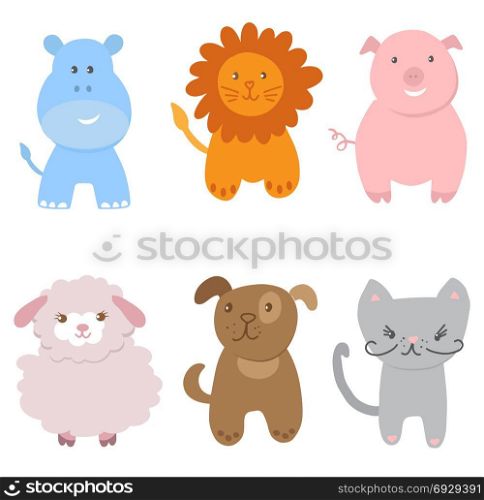 Cute Vector Set of Zoo Animals. Cute Vector Set of Small Baby Animals. Cat, dog, pig, lion, sheep and hippo isolated on white background. Vector illustration for textile, print, child cloth, wallpaper, wrapping. Child illustration in soft pastel colors.