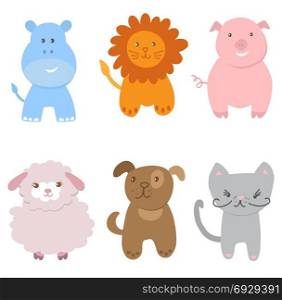 Cute Vector Set of Zoo Animals. Cute Vector Set of Small Baby Animals. Cat, dog, pig, lion, sheep and hippo isolated on white background. Vector illustration for textile, print, child cloth, wallpaper, wrapping. Child illustration in soft pastel colors.