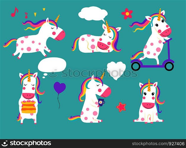 Cute vector unicorns. Cartoon characters isolate. Illustration unicorn animal, fairytale magic dream. Cute vector unicorns of set. Cartoon characters isolated