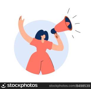 Cute vector woman shouting into megaphone about discount or protest. Girl warning about seasonal sales flat illustration shopping. Online c&aign concept for banner, web design.. Cute vector woman shouting into megaphone about discount or protest. Girl warning about seasonal sales flat illustration shopping. Online c&aign concept for banner, web design