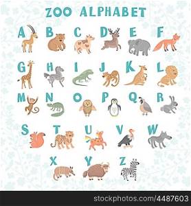 Cute vector zoo alphabet. Funny cartoon animals. Letters. Learn to read. . Cute vector zoo alphabet. Funny cartoon animals. Letters. Learn to read. Vector Illustration. Isolated.
