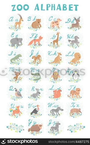 Cute vector zoo alphabet. Funny cartoon animals. Letters. Learn to read and write.. Cute vector zoo alphabet. Funny cartoon animals. Letters. Learn to read and write. Vector Illustration. Isolated.