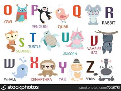 Cute vector zoo alphabet with animals in cartoon style. . Cute vector zoo alphabet with animals.