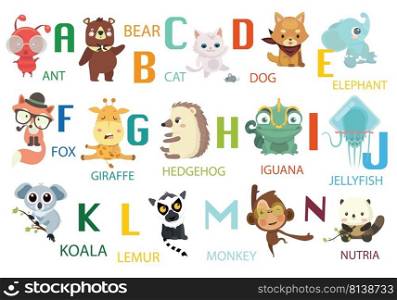  Cute vector zoo alphabet with animals in cartoon style. .  Cute vector zoo alphabet with animals.