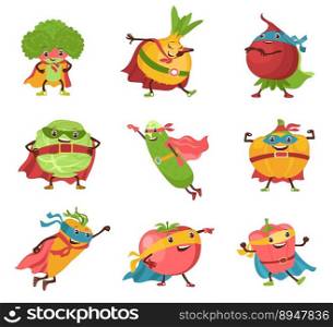 Cute vegetable superheroes. Cartoon funny characters in heroic costumes. Fantastic strong fruits. Capes and masks. Flying broccoli and carrot. Posing tomato. Splendid vector isolated food products set. Cute vegetable superheroes. Cartoon funny characters in heroic costumes. Fantastic strong fruits. Capes and masks. Flying broccoli and carrot. Splendid vector isolated food products set