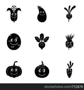 Cute vegetables emoji icon set. Simple set of 9 cute vegetables emoji vector icons for web isolated on white background. Cute vegetables emoji icon set, simple style
