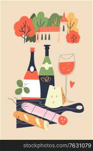 Cute village landscape and traditional food and drinks. Bottles of wine, baguette, salami and cheese. Vector illustration for the harvest festival and wine festival.. Cute village landscape and traditional food and drinks. Vector illustration.