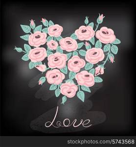 Cute vintage roses arranged in a heart shape. Symbol of love. Vector illustration.
