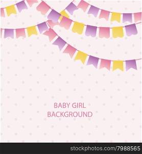 Cute vintage textile pink and violet bunting flags for girl&amp;#39;s baby shower background. Cute flag garlands on polka dot background.